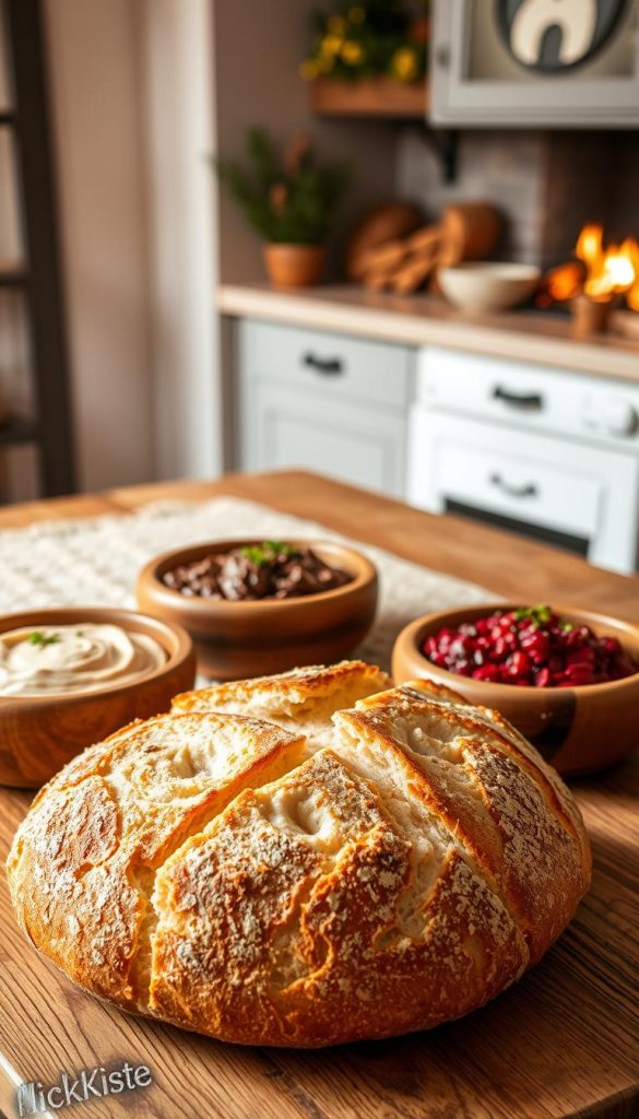 A freshly baked loaf of artisanal bread sits prominently in the foreground, showcasing its golden crust and airy interior, sliced to reveal its warm, fluffy texture. Surrounding the bread are rustic wooden bowls filled with an array of colorful dips like hummus and roasted beet spread, alongside garnishing herbs and spices. The middle ground features a cozy kitchen scene, with a wooden table and soft, knitted table runners to enhance the winter comfort theme. In the background, a flickering fireplace adds a gentle glow, radiating warmth. The image is softly lit with warm, ambient lighting, invoking a sense of comfort and homeliness, perfect for a winter gathering. The overall atmosphere is inviting and nourishing, aligned with the theme of &quot;KlickKiste.&quot;