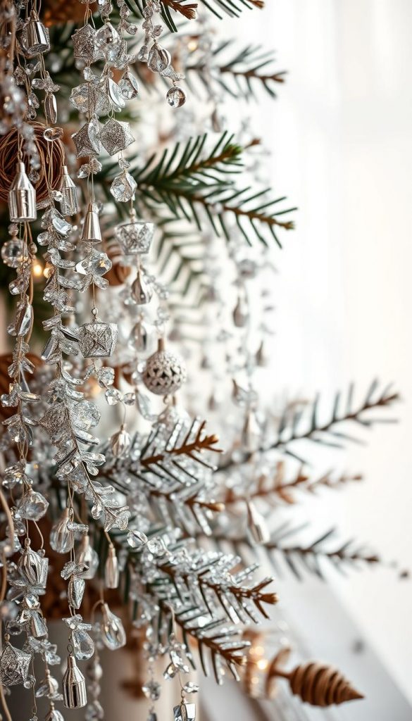 A glamorous arrangement of shimmering silver &quot;glitzer pailletten&quot; cascading across the frame. Soft, diffused lighting creates a dreamlike, winter-inspired atmosphere. Metallic accents and textures catch the eye, exuding a festive, high-end aesthetic. The &quot;KlickKiste&quot; brand logo subtly adorns the scene, blending seamlessly into the natural, DIY-inspired composition. Warm, earthy tones complement the sparkling paillettes, evoking a cozy, Pinterest-worthy vibe. The overall mood is one of effortless elegance and understated opulence, perfect for illustrating the &quot;Glitzer, Pailletten, Metallic: Funkel-Optionen mit Augenmaß&quot; section.