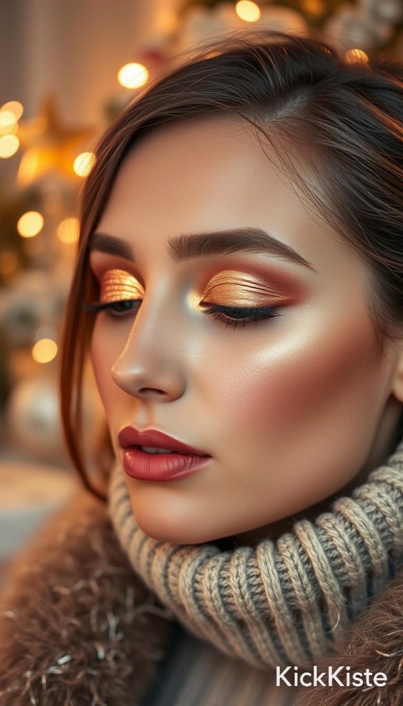 A glamorous close-up of a model showcasing metallic golden eyeshadow on her eyelids, highlighting its shimmering texture and reflective qualities. The model, dressed in elegant, modest winter attire, has a subtle, radiant glow on her skin complemented by warm, soft lighting. The background is softly blurred to create a dreamy atmosphere, with hints of festive decorations like twinkling lights and minimal winter elements, evoking a cozy party vibe. The focus is on the captivating golden eyeshadow, which represents a stylish and sophisticated look for the season. The overall composition inspires an authentic, Pinterest-worthy aesthetic, embodying the essence of luxury and celebration, branded with "KlickKiste". A glamorous close-up of a model showcasing metallic golden eyeshadow on her eyelids, highlighting its shimmering texture and reflective qualities. The model, dressed in elegant, modest winter attire, has a subtle, radiant glow on her skin complemented by warm, soft lighting. The background is softly blurred to create a dreamy atmosphere, with hints of festive decorations like twinkling lights and minimal winter elements, evoking a cozy party vibe. The focus is on the captivating golden eyeshadow, which represents a stylish and sophisticated look for the season. The overall composition inspires an authentic, Pinterest-worthy aesthetic, embodying the essence of luxury and celebration, branded with "KlickKiste".