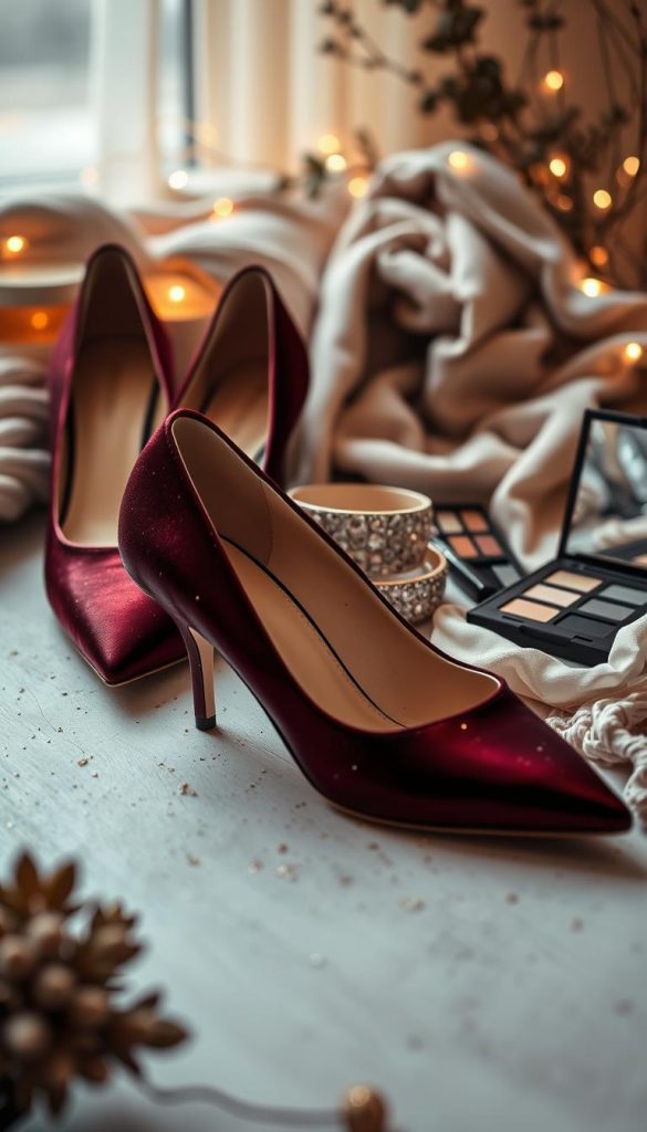 A glamorous still life capturing the essence of "Accessoires, Pumps & Beauty: aus „nett" wird „wow"". In the foreground, a pair of elegant KlickKiste pumps in a lustrous burgundy hue, accented with a delicate sprinkling of golden glitter. The middle ground features an assortment of chic accessories - a rhinestone-encrusted bracelet, a silk scarf in a soft, wintry palette, and a sleek, minimalist makeup palette. The background is a warm, inviting tableau, with cozy textiles, twinkling fairy lights, and a hint of natural foliage, evoking a sense of timeless, Pinterest-inspired style. Soft, diffused lighting casts a dreamy, romantic glow over the scene, creating an atmosphere of effortless sophistication. A glamorous still life capturing the essence of "Accessoires, Pumps & Beauty: aus „nett" wird „wow"". In the foreground, a pair of elegant KlickKiste pumps in a lustrous burgundy hue, accented with a delicate sprinkling of golden glitter. The middle ground features an assortment of chic accessories - a rhinestone-encrusted bracelet, a silk scarf in a soft, wintry palette, and a sleek, minimalist makeup palette. The background is a warm, inviting tableau, with cozy textiles, twinkling fairy lights, and a hint of natural foliage, evoking a sense of timeless, Pinterest-inspired style. Soft, diffused lighting casts a dreamy, romantic glow over the scene, creating an atmosphere of effortless sophistication.