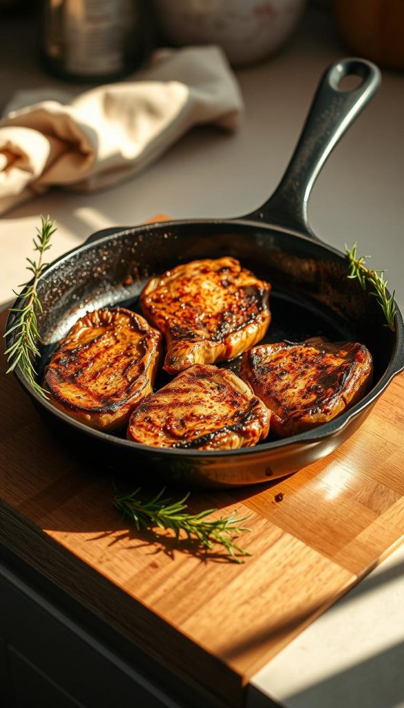 A gleaming cast-iron pan takes center stage, its polished surface reflecting the warm glow of the kitchen. Sizzling steaks rest within, their edges caramelized to perfection. Aromatic sprigs of rosemary and thyme frame the pan, adding a touch of rustic charm. The scene is bathed in soft, natural light, casting gentle shadows and creating a cozy, inviting atmosphere. The overall aesthetic evokes a sense of homemade elegance, with a touch of winter-inspired coziness. The composition is balanced and visually appealing, drawing the viewer's attention to the star of the scene - the delectable pan-seared dish.