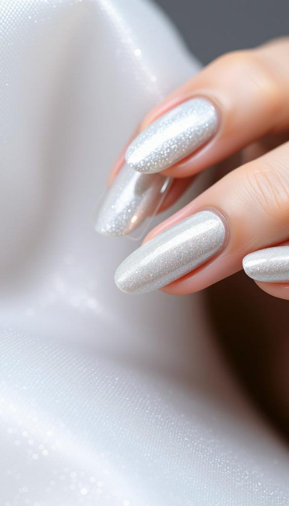 A gleaming silver canvas, dotted with whimsical polka prints that dance across the nails. Soft, diffused lighting casts a dreamlike glow, highlighting the tactile texture and dimensional layering. Inspired by the winter-kissed aesthetic of the 2026 January nail trends, this KlickKiste manicure embodies a modern, minimalist elegance. Delicate gradients of icy blue and milky white create a serene, serene backdrop, allowing the silver polka dots to take center stage. Subtle scale variations add depth and visual intrigue, while the overall composition exudes a sense of effortless, Pinterest-worthy style.