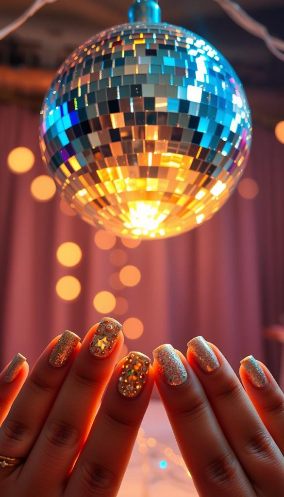 A glittering disco ball suspended in the center of the image, reflecting shimmering lights in a kaleidoscope of colors. The foreground features an array of festive New Year's nails designed with mixed metallic tones—gold, silver, and rose gold—with intricate patterns and embellishments catching the light. In the middle ground, a softly glowing ambiance radiates warmth, enhancing the celebratory atmosphere. The background consists of a stylish party setting with soft, muted colors and subtle bokeh effects, suggesting a lively, yet elegant New Year's Eve celebration. The lighting is vibrant, creating a balance of shadows and highlights, while a slight angled perspective emphasizes the disco ball's sparkle. The overall mood is energizing and festive, showcasing KlickKiste's creative DIY-nail design inspirations for the New Year.