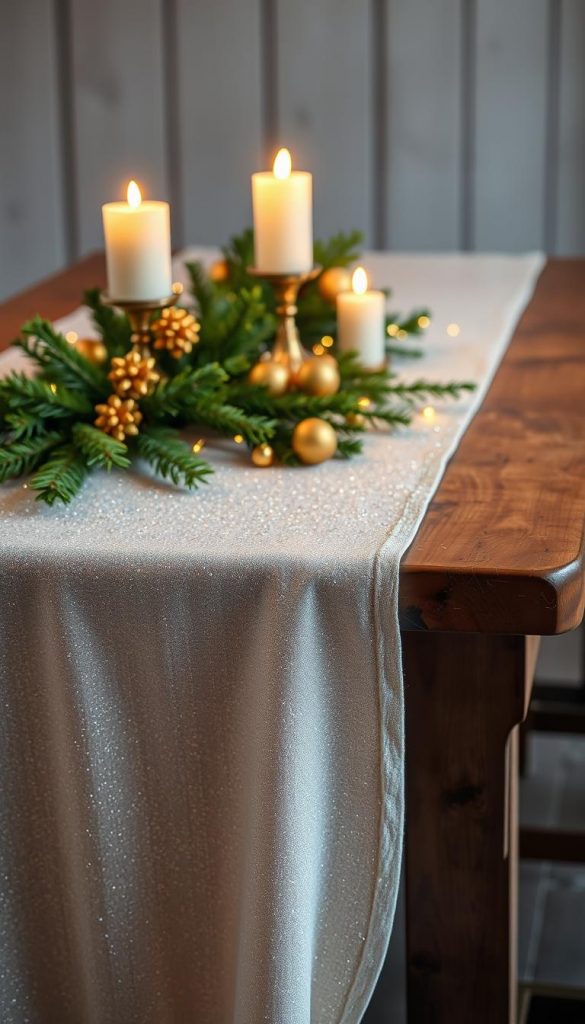 A glittering tablecloth cascades across a rustic wooden table, its shimmering surface catching the soft, warm glow of candlelight. Sprigs of evergreen and clusters of golden ornaments dot the cloth, creating a cozy, festive atmosphere. The scene is bathed in a soft, diffused light, giving it a dreamlike, inviting quality. The overall effect is one of effortless elegance, a perfect backdrop for a handcrafted DIY holiday decoration project. A glittering tablecloth cascades across a rustic wooden table, its shimmering surface catching the soft, warm glow of candlelight. Sprigs of evergreen and clusters of golden ornaments dot the cloth, creating a cozy, festive atmosphere. The scene is bathed in a soft, diffused light, giving it a dreamlike, inviting quality. The overall effect is one of effortless elegance, a perfect backdrop for a handcrafted DIY holiday decoration project.