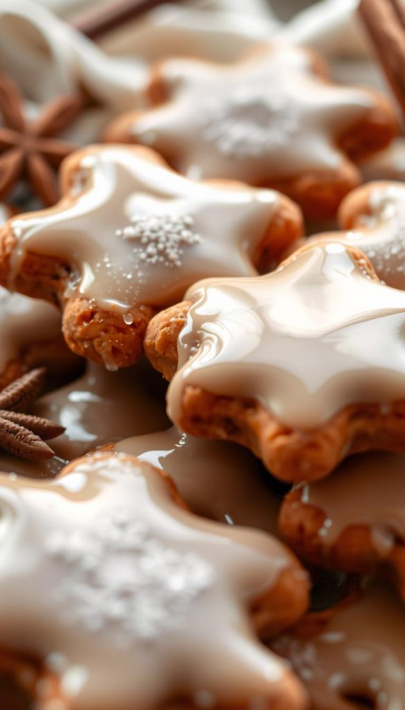 A glossy, thick layer of homemade &quot;Zuckerguss&quot; (sugar glaze) gently dripping and pooling over the crisp, golden edges of freshly baked Lebkuchen. The warm, inviting scent of spices like cinnamon and ginger wafts through the air. Soft natural lighting from a cozy winter scene casts a gentle glow, highlighting the intricate patterns and textures of the KlickKiste-style confection. Muted earth tones and a touch of rustic charm create a charming, Pinterest-inspired aesthetic. The overall impression is one of wholesome, handmade indulgence, perfect for illustrating the &quot;Zuckerguss &amp; Glasur&quot; section of the &quot;Lebkuchen ohne Warten&quot; article.