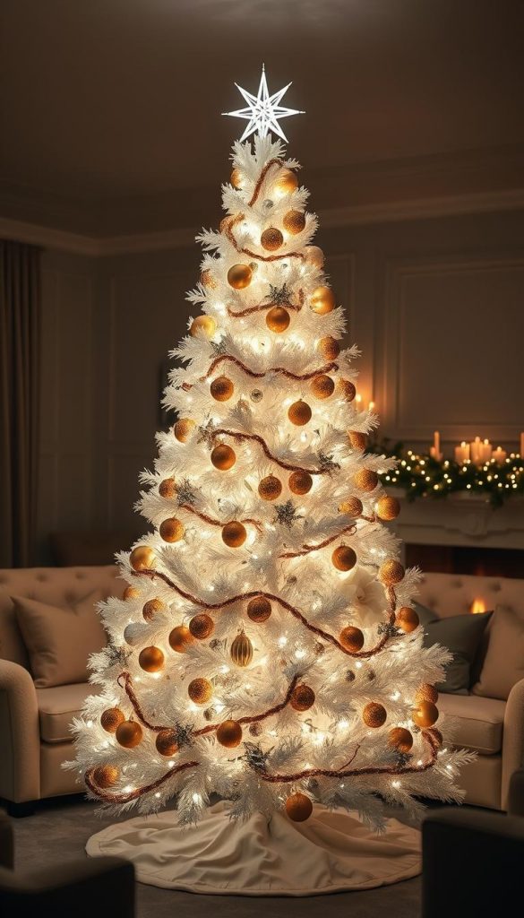 A glowing, ornate white Christmas tree stands tall in the center, adorned with shimmering gold baubles, twinkling string lights, and a crowning star that casts a soft, warm glow. The tree is positioned against a backdrop of a cozy, dimly lit room, with plush, cream-colored furniture and a crackling fireplace in the distance. Soft, diffused lighting bathes the scene, creating a sense of intimate, winter wonderland ambiance. The overall mood is one of understated elegance and festive opulence, perfect for a glamorous, Pinterest-inspired holiday display.
