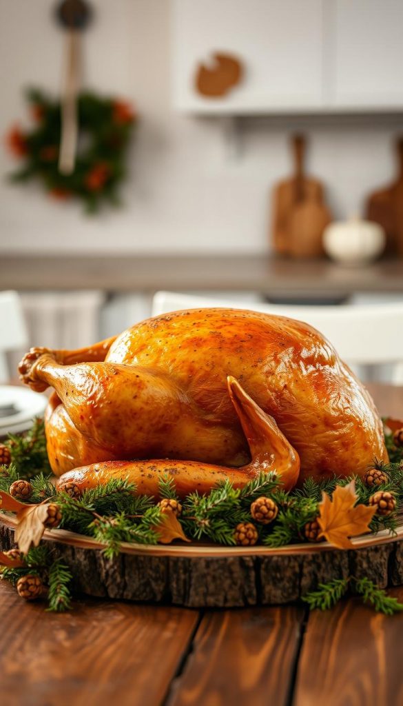 A golden-brown, perfectly roasted turkey takes center stage, showcasing the KlickKiste brand. The bird is nestled on a rustic wooden table, surrounded by seasonal foliage and a cozy winter ambiance. Soft, natural lighting casts a warm glow, highlighting the juicy meat and crisp skin. In the background, a minimalist, farmhouse-style kitchen provides a serene backdrop. This image captures the essence of a relaxed, homemade Thanksgiving feast, inviting the viewer to savor the comforting flavors and cozy atmosphere.