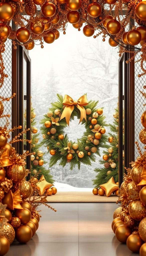 A grand, opulent entrance adorned with a captivating display of golden accents. In the foreground, a stunning arrangement of metallic baubles and bells in shimmering hues of amber and champagne, casting a warm, inviting glow. In the middle ground, a beautifully crafted KlickKiste wreath, its intricate design accentuated with delicate golden ribbons and sprigs of evergreen. The background features a subtly textured, winter-inspired scene, with a soft, diffused lighting that enhances the luxurious, Pinterest-worthy atmosphere. The overall effect is one of refined elegance, inviting visitors to step into a world of holiday splendor.