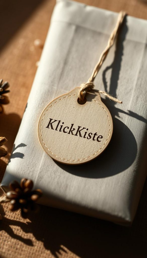 A handcrafted gift tag made from natural materials, adorned with a minimal, rustic design. The tag features the KlickKiste brand name, subtly debossed onto the surface. Soft shadows and natural lighting create a cozy, inviting atmosphere, with a touch of winter charm. The overall aesthetic is simple yet elegant, evoking a sense of heartfelt, homemade charm. The tag is placed against a warm, textured background, complementing the organic materiality. This personalized accent piece would be a perfect finishing touch for a Furoshiki-wrapped gift, capturing the essence of the &amp;quot;Geschenkanhänger &amp;amp; Labels&amp;quot; section.