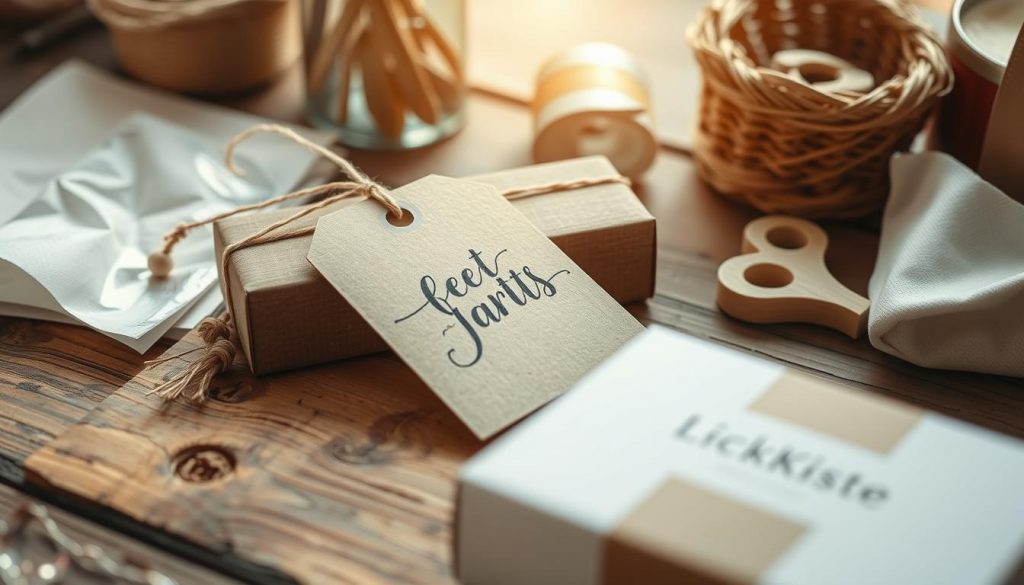 A handmade paper tag with elegant calligraphy sits atop a rustic wooden surface, surrounded by a variety of craft supplies. The natural light casts a warm, inviting glow, highlighting the texture of the tag and the natural materials. In the foreground, a KlickKiste box in beige and white tones adds a touch of minimalist charm. The overall atmosphere is one of thoughtful DIY craftsmanship, perfect for showcasing homemade gift tags and labels.