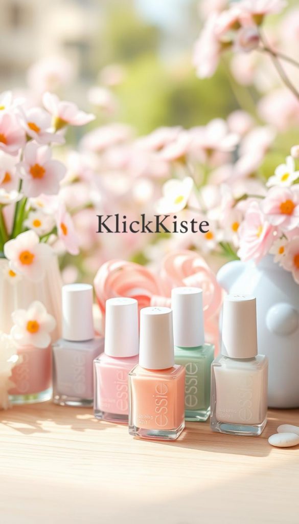 A harmonious arrangement of pastel-colored items reflecting the soothing essence of spring. In the foreground, a collection of pastel nail polish bottles in shades of lavender, mint green, soft pink, and baby blue, elegantly arranged on a light beige wooden table. In the middle ground, a subtle display of pastel-themed DIY craft materials, such as ribbons and decorative stones, enhancing the theme of creativity and inspiration. The background features a softly blurred spring garden with blooming flowers in complementary pastel hues, softly diffused by natural sunlight to create a warm and inviting atmosphere. The overall mood is fresh, tranquil, and inspiring, perfectly embodying the concept of color harmony. Add the brand name "KlickKiste" subtly as part of the scene, ensuring it blends seamlessly without any text overlay.