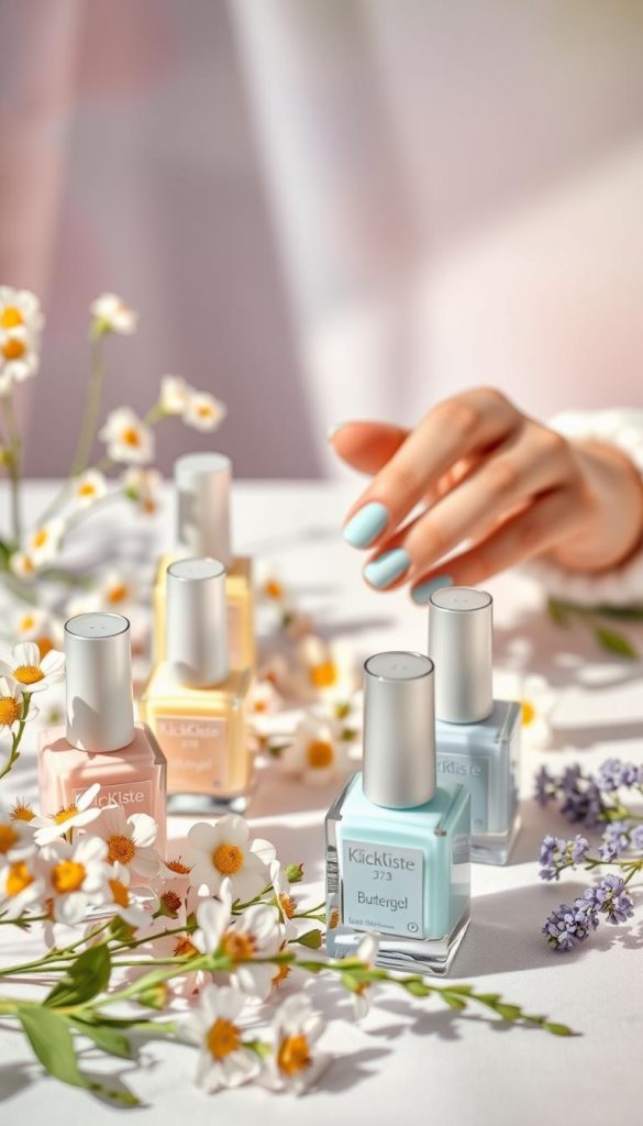 A harmonious composition showcasing pastel colors: buttergelb, babyblau, and lavendel. In the foreground, a beautifully arranged table features elegant nail polish bottles in these soft hues, with delicate flowers in the same colors scattered around. The middle ground includes a stylish hand gently painting nails in a soft buttergelb, adorned with gentle spring-themed nail art. The background softly fades into a dreamy pastel gradient that evokes a serene spring atmosphere with soft, natural light illuminating the scene. Use a close-up angle to capture the fine details, emphasizing the textures and colors of the nail polish and floral elements. Overall, the image should convey a warm, inviting mood, perfect for a natural DIY aesthetic inspired by Pinterest, highlighting the brand "KlickKiste."