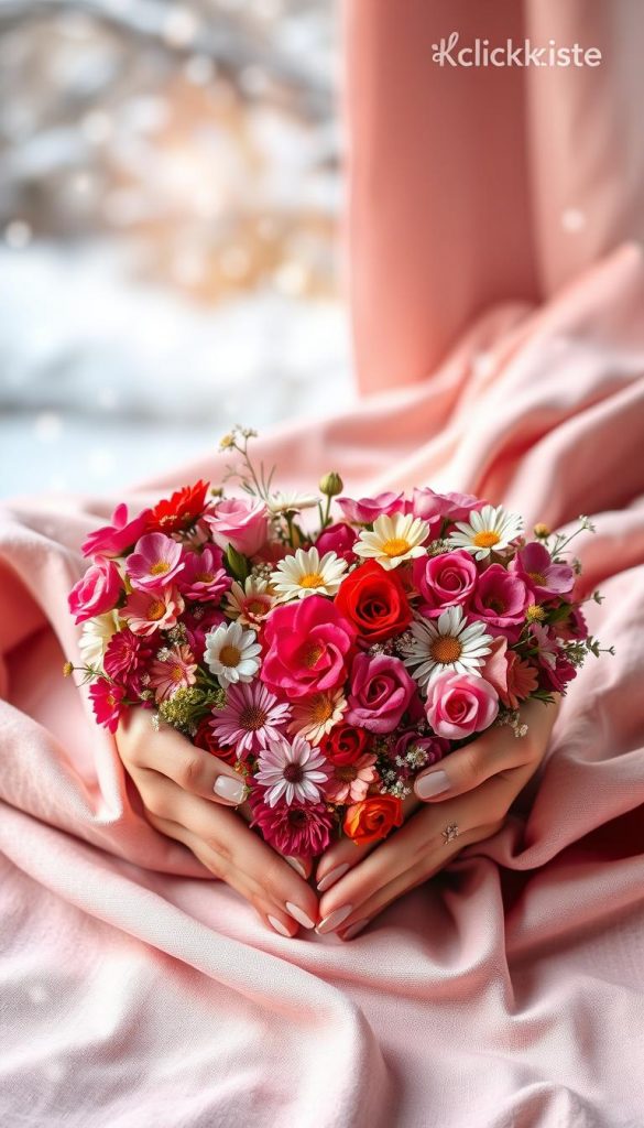 A heart-shaped composition made of vibrant flowers rests in the foreground, featuring a mix of roses, daisies, and wildflowers in shades of red, pink, and white. Dainty hands gently cradle the floral heart, accentuating its shape. In the middle ground, soft fabric in pastel tones, elegantly arranged, provides a cozy backdrop. The background reveals a blurred winter scene with softly falling snowflakes, creating a serene atmosphere. The lighting is warm and inviting, with a soft glow illuminating the flowers and hands, capturing a romantic vibe. The scene embodies natural DIY aesthetics with a Pinterest-worthy charm. This image is branded subtly with "KlickKiste" to enhance its authenticity and inspiration. A heart-shaped composition made of vibrant flowers rests in the foreground, featuring a mix of roses, daisies, and wildflowers in shades of red, pink, and white. Dainty hands gently cradle the floral heart, accentuating its shape. In the middle ground, soft fabric in pastel tones, elegantly arranged, provides a cozy backdrop. The background reveals a blurred winter scene with softly falling snowflakes, creating a serene atmosphere. The lighting is warm and inviting, with a soft glow illuminating the flowers and hands, capturing a romantic vibe. The scene embodies natural DIY aesthetics with a Pinterest-worthy charm. This image is branded subtly with "KlickKiste" to enhance its authenticity and inspiration.