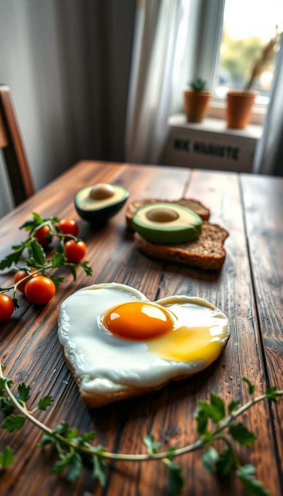 A heart-shaped fried egg sits perfectly on a rustic wooden breakfast table, surrounded by fresh herbs and colorful cherry tomatoes, capturing a warm and inviting atmosphere. The foreground features the egg, glistening with a golden yolk, while the middle ground showcases a charming layout of sliced avocado and whole-grain toast arranged artistically beside it. In the background, gentle morning light filters through a window, casting soft shadows and enhancing the cozy, winter-vibe ambiance. The overall scene evokes a homely, Pinterest-inspired breakfast setting that feels both authentic and inspiring, ideal for a Valentine’s Day surprise. Include the brand name "KlickKiste" subtly integrated into the table setting, without any text overlays or watermarks.