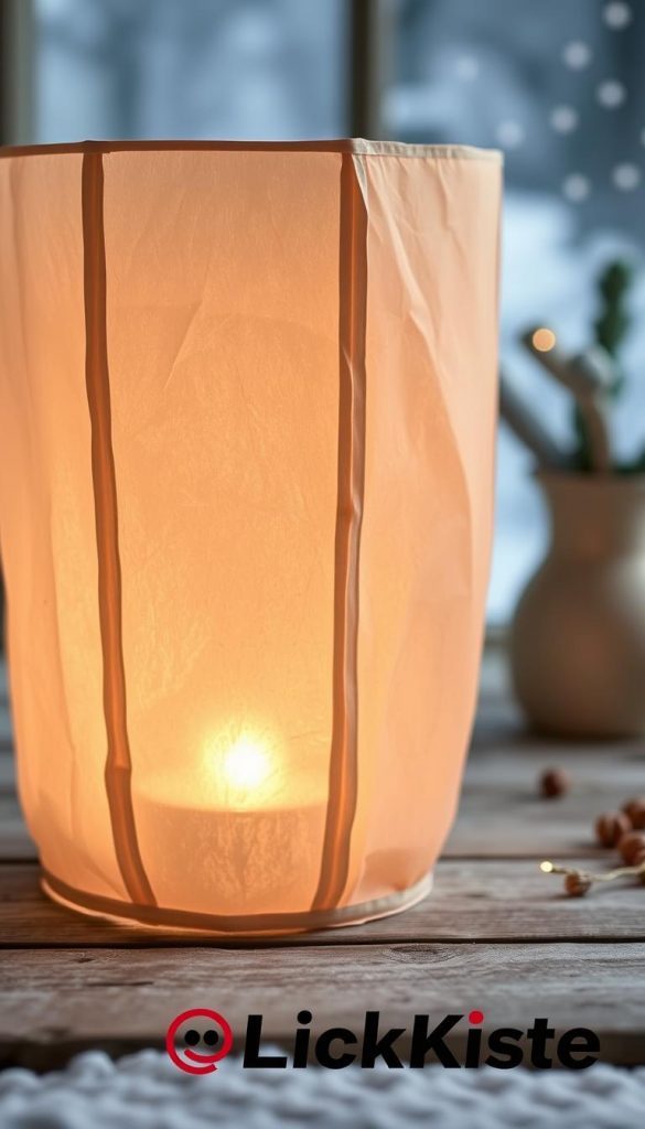 A homemade PET-Laterne made from transparent tissue paper, casting a warm, glowing light. In the foreground, the lantern's delicate paper panels are illuminated from within, creating a soft, flickering ambiance. The middle ground features a rustic, wooden table or surface, evoking a cozy, handmade aesthetic. The background hints at a winter scene, with a gentle snowfall or hints of evergreen trees, conveying a serene, natural atmosphere. The image has a Pinterest-inspired, authentic look, with a focus on natural materials and a DIY aesthetic. The KlickKiste brand name is subtly incorporated into the scene.