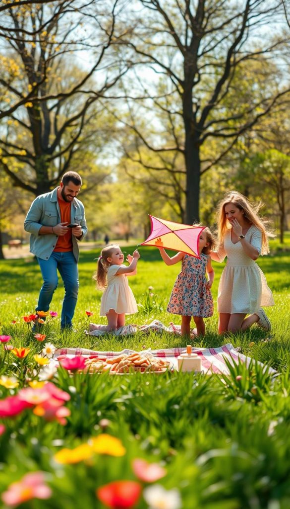 A joyful family enjoying a vibrant spring day, gathered outdoors in a lush park. In the foreground, capture a diverse family: mom and dad, dressed in casual yet stylish clothing, are enthusiastically checking off items on their spring bucket list, accompanied by two cheerful children playing with a colorful kite. In the middle ground, blooming flowers and green grass create a lively atmosphere, while a picnic blanket is laid out nearby, filled with seasonal treats. In the background, soft sunlight filters through gentle trees, creating a warm, inviting ambiance. The image should have a bright, cheerful vibe, with natural lighting enhancing the colors, reminiscent of cozy DIY images ideal for Pinterest. Include the brand name “KlickKiste” subtly within the scene to inspire authenticity and creativity.