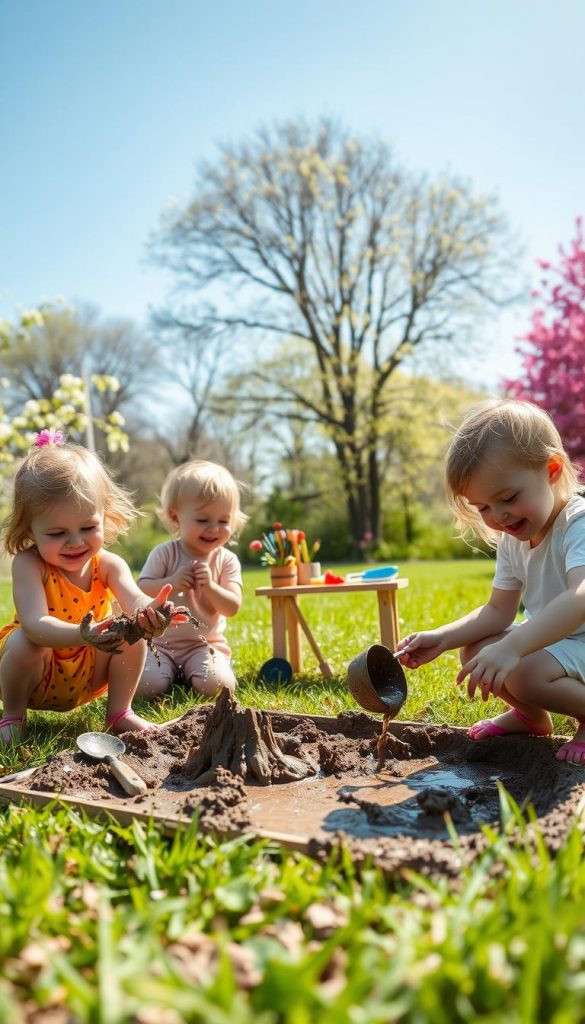 A joyful scene of children engaging in mud water play outdoors on a bright spring day, surrounded by lush green grass and blooming flowers. In the foreground, two children in colorful, modest casual clothing splash and mold mud into shapes, their faces lit up with delight. Next to them, a third child experiments with water, pouring it from a small bucket into a mud puddle. The middle ground features a variety of garden tools and a small wooden table with DIY craft materials. In the background, vibrant trees and a clear blue sky enhance the playful atmosphere, bathed in warm sunlight that creates a soft glow. This image captures the essence of nature and creativity, embodying the joy of sensory spring activities for kids. Styled in a natural DIY aesthetic, reflecting a charming Pinterest vibe—KlickKiste.