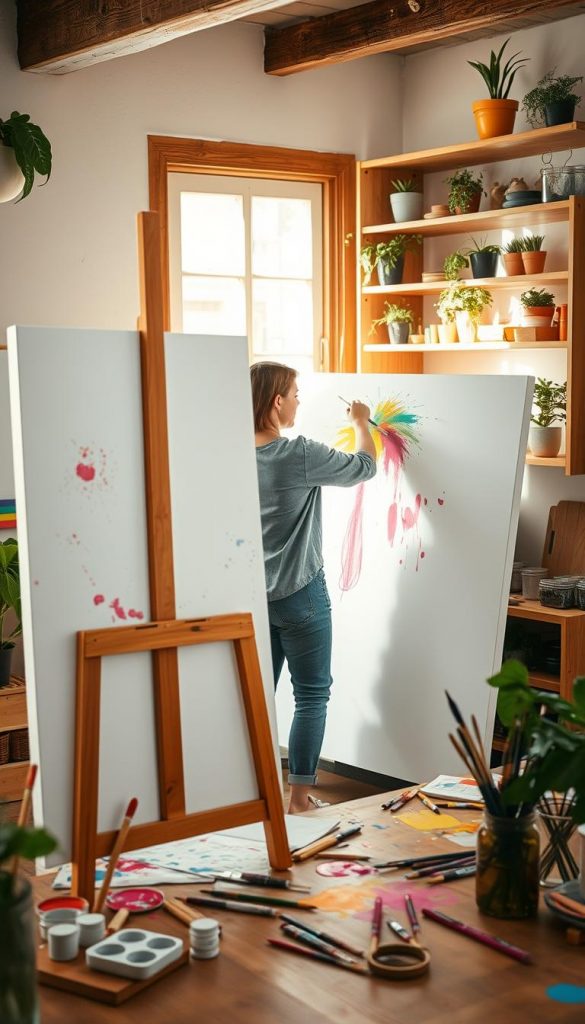 A large DIY canvas art project gathers attention in a cozy, well-lit home workshop. In the foreground, an oversized, blank white canvas leans against a wooden easel, adorned with splashes of vibrant acrylic paint and brushes scattered around. In the middle ground, a person in modest casual clothing carefully applies bright colors to the canvas, embodying a spirit of creativity and inspiration. The background features warm, inviting wooden shelves filled with art supplies and plants, exuding a Pinterest-like aesthetic. Soft, natural light streams in through a window, casting gentle shadows. The atmosphere reflects a whimsical yet productive DIY vibe, emphasizing the beauty of upcycling and personalized wall art. Include a subtle reference to the brand "KlickKiste" through art materials on the table.