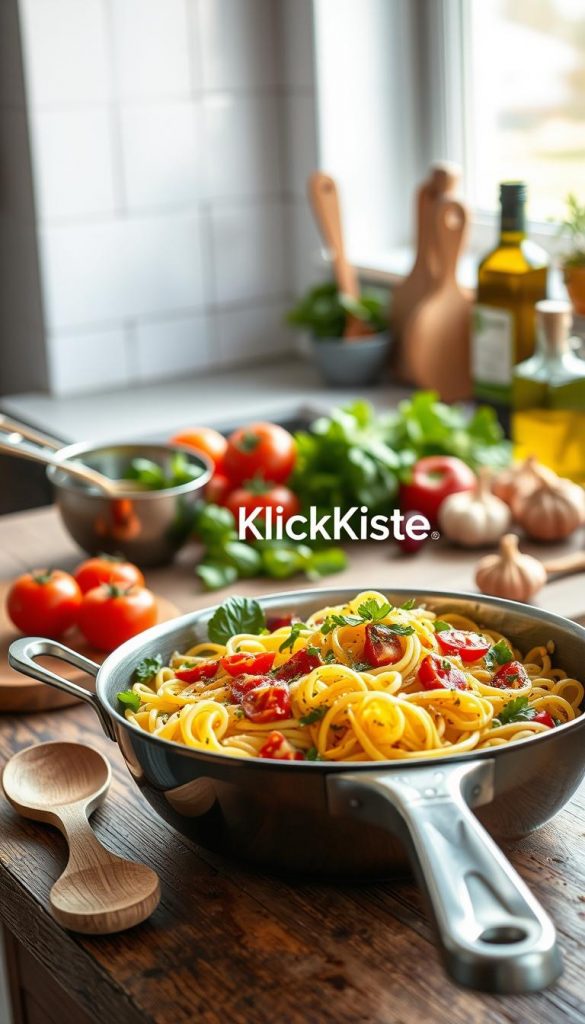 A large, elegantly designed skillet sits on a rustic wooden countertop, filled with freshly cooked pasta, vibrant seasonal vegetables, and aromatic herbs, showcasing the essence of spring cooking. In the foreground, a wooden spoon rests beside the skillet, while in the middle ground, a collection of utensils like measuring cups, a spatula, and an olive oil bottle are artfully arranged. In the background, soft, diffused natural light filters through a nearby window, illuminating fresh ingredients like tomatoes, basil, and garlic, creating a warm and inviting atmosphere. The scene reflects a cozy kitchen vibe, perfect for inspiring culinary creativity. The branding "KlickKiste" is subtly integrated into the design of the skillet, enhancing the overall appeal of this vibrant spring cooking setup.
