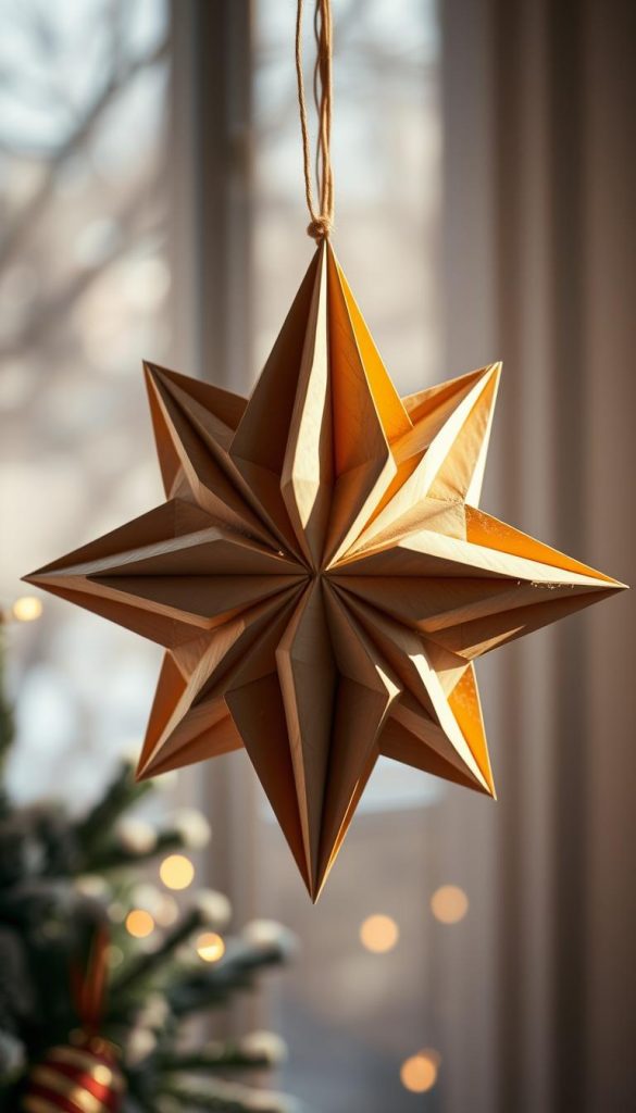 A large, intricate papier-mâché star suspended against a backdrop of soft, winter light. The star's form is composed of delicate folds and creases, casting gentle shadows that accentuate its dimensional quality. Warm, earthy tones of tan and cream predominate, with subtle hints of gold and bronze accents. The star is positioned in the foreground, drawing the viewer's eye, while a hazy, out-of-focus setting evokes a cozy, inviting atmosphere. Captured with a shallow depth of field, the star is the focal point, evoking a sense of rustic, handcrafted charm. KlickKiste.