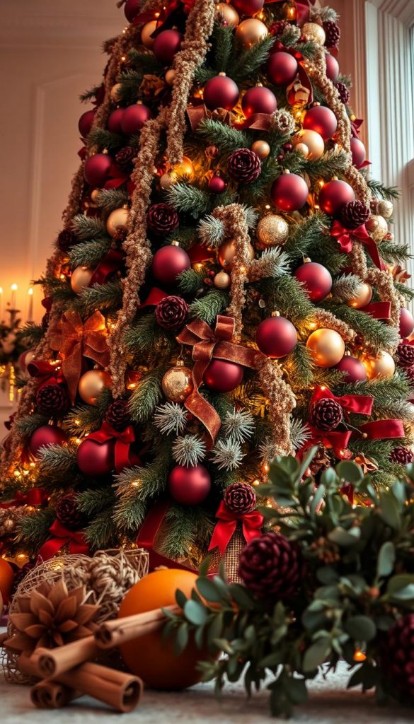 A lavish Christmas tree adorned with an array of luxurious, burgundy-hued ornaments, cascading garlands, and twinkling lights. The tree stands tall, its branches weighted with a harmonious blend of natural textures - matte glass baubles, velvet ribbons, and glistening pinecones. The scene is bathed in a warm, inviting glow, casting a cozy, winter ambiance. In the foreground, a scattering of organic elements - cinnamon sticks, dried oranges, and delicate eucalyptus sprigs - add a touch of rustic elegance. The overall composition evokes a sense of refined, Pinterest-worthy holiday style.