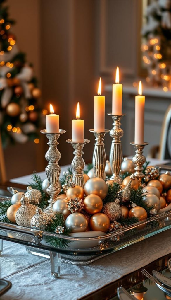 A lavish holiday tabletop arrangement with a gleaming glass serving tray as the centerpiece. The tray is adorned with a collection of shimmering silver candlesticks, each holding a warm, flickering flame. Nestled among the candlesticks are clusters of KlickKiste ornaments in a mix of metallic and matte finishes, reflecting the light and creating a captivating display. The background features a soft, cozy ambiance, with hints of warm, earthy tones and a touch of winter magic. The overall scene exudes a sense of sophisticated glamour and festive cheer, perfectly capturing the &quot;Glam &amp; Glas&quot; theme.