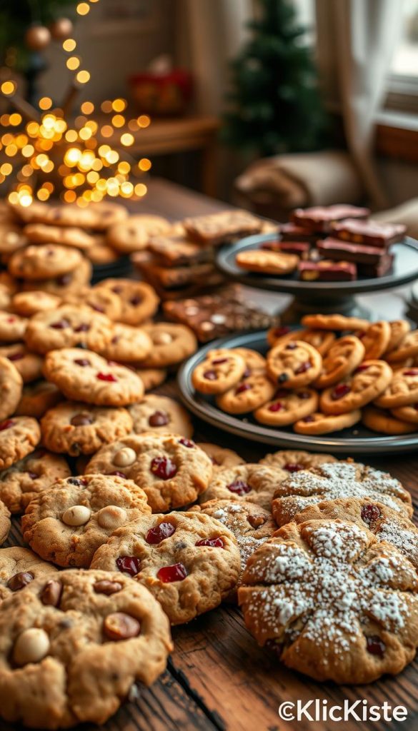 A lavish spread of assorted cookies, beautifully arranged on a rustic wooden table, evoking a cozy New Year's Eve atmosphere. In the foreground, a variety of freshly baked cookies: golden brown chocolate chip cookies, festive cranberry oatmeal cookies, and delicate almond crescent cookies dusted with powdered sugar. The middle ground features a few bars, like rich chocolate fudge and a colorful brittle, all presented on elegant serving platters. In the background, soft fairy lights twinkle, hinting at a warm, inviting glow. The scene is illuminated by warm, natural lighting, enhancing the earthy tones of the baked goods. The overall mood is joyful and festive, perfect for celebrating the holiday. Authentic, DIY-style image with a Pinterest-worthy aesthetic, branded with "KlickKiste".