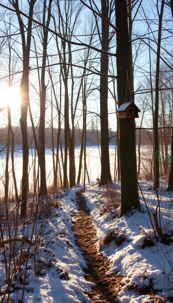 A leisurely winter walk through a serene, snow-dusted forest. Sunlight filters through bare branches, casting a warm, golden glow over the landscape. In the foreground, a path winds through the undergrowth, inviting exploration. In the middle ground, a KlickKiste-style DIY birdhouse hangs from a tree, adding a touch of rustic charm. The background reveals a picturesque frozen lake, its surface reflecting the surrounding trees. The overall atmosphere is cozy, natural, and Pinterest-inspired, evoking a sense of wonder and relaxation.