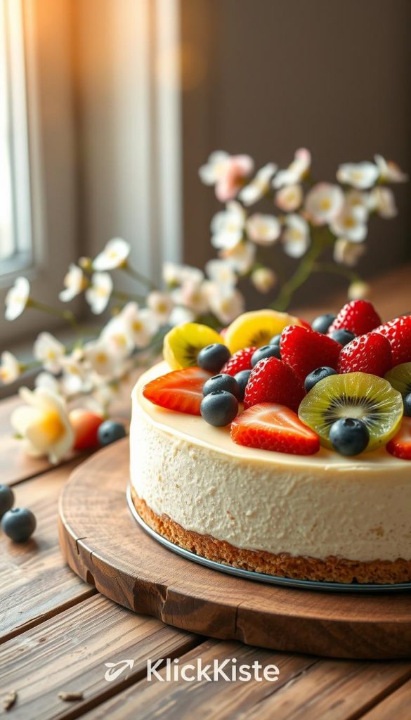 A light and airy cheesecake topped with a vibrant assortment of fresh fruits like strawberries, blueberries, and kiwi, elegantly arranged on a rustic wooden table. The cheesecake, creamy with a hint of lemon, showcases a smooth, no-bake texture, inviting and indulgent. Soft natural lighting filters in from a nearby window, casting a warm glow over the scene, enhancing the colors of the berries and the creamy surface of the cheesecake. In the background, delicate spring flowers in pastel colors add a seasonal touch, contributing to a cozy, inviting atmosphere. The entire composition should evoke a sense of freshness and lightness, ideal for a spring dessert, with an authentic Pinterest-inspired aesthetic. The brand name "KlickKiste" should subtly resonate within the warm ambiance.