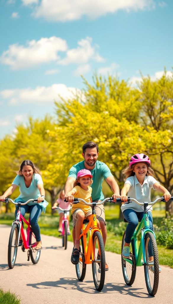 A lively family biking game set in a sunny spring park, showcasing a diverse group of four family members riding colorful bicycles along a picturesque path. In the foreground, a mother wears a light blue casual outfit and a father in a green t-shirt, both encouraging their smiling children, a young girl in a pink helmet and a boy in a yellow cap, as they race each other. In the middle ground, vibrant green trees sway gently in the breeze, dotted with blooming flowers. The background features a clear blue sky with soft white clouds, enhancing the cheerful atmosphere. The scene has warm, natural lighting that highlights the joy of family bonding and active play, reminiscent of a Pinterest-worthy outdoor adventure. Capture the essence of "KlickKiste" through this engaging family activity.