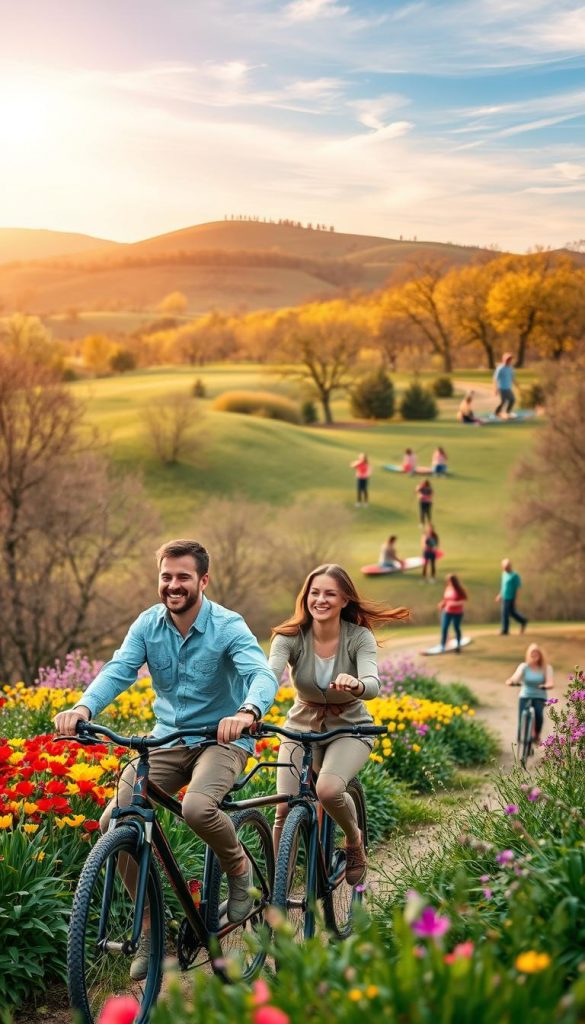 A lively spring scene showcasing an adventurous couple exploring outdoor activities together, embodying the spirit of action and adventure. In the foreground, depict a man and woman in modest, casual clothing, smiling and engaged in tandem biking through colorful, blooming landscapes. The middle ground features a serene park with vibrant flowers, lush greenery, and a variety of couples participating in activities like paddle boarding and hiking. In the background, soft hills fade into a blue sky with wispy clouds, illuminated by warm, golden sunlight. Create an inviting and inspirational atmosphere reminiscent of warm spring vibes, with a Pinterest aesthetic. The overall composition should be vivid and engaging, highlighting the playful essence of trying new experiences together under the brand name "KlickKiste." A lively spring scene showcasing an adventurous couple exploring outdoor activities together, embodying the spirit of action and adventure. In the foreground, depict a man and woman in modest, casual clothing, smiling and engaged in tandem biking through colorful, blooming landscapes. The middle ground features a serene park with vibrant flowers, lush greenery, and a variety of couples participating in activities like paddle boarding and hiking. In the background, soft hills fade into a blue sky with wispy clouds, illuminated by warm, golden sunlight. Create an inviting and inspirational atmosphere reminiscent of warm spring vibes, with a Pinterest aesthetic. The overall composition should be vivid and engaging, highlighting the playful essence of trying new experiences together under the brand name "KlickKiste."