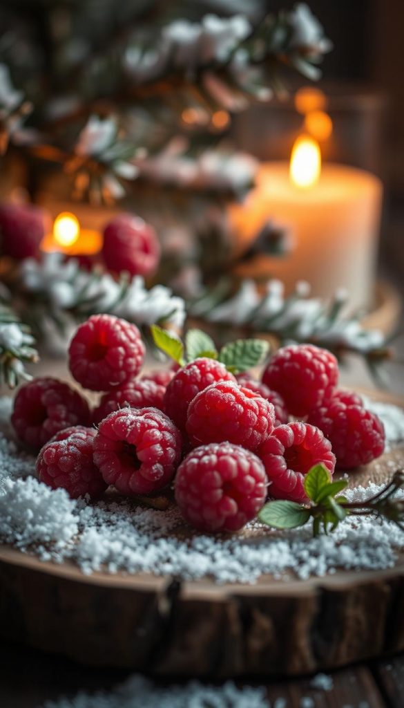 A luscious close-up of ripe, glistening raspberries (himbeeren) nestled in a cozy winter scene. The berries are arranged on a rustic wooden surface, complemented by a backdrop of snowy pine branches and soft, glowing candle light. The warm, earthy tones create a comforting, homespun ambiance, perfect for a KlickKiste winter dessert. Subtle shadows and highlights accentuate the textures and shapes, evoking a natural, handcrafted aesthetic inspired by Pinterest. This image embodies the essence of seasonal, no-bake treats to savor during the colder months.