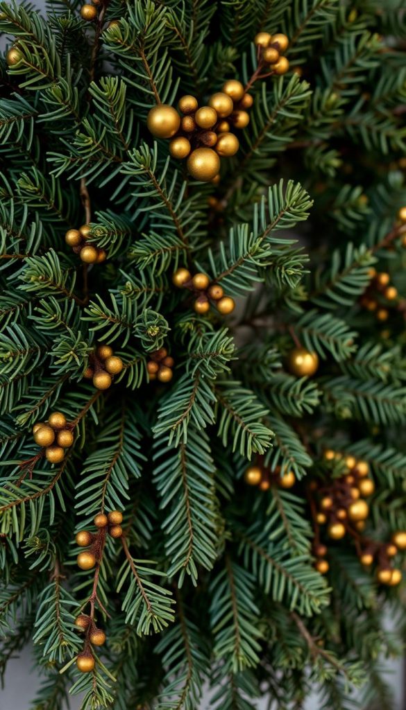 A lush arrangement of tannenzweigen (fir branches) in rich shades of deep forest green, accented with warm brass and gold tones. The branches are artfully composed, casting soft shadows and creating a cozy, festive atmosphere. The image has a natural, handcrafted feel, evoking the winter season and a sense of rustic elegance. Lit by gentle, warm lighting that enhances the textures and colors, this image would make a beautiful addition to a DIY door or wall wreath, reflecting the &quot;Schwarzgrün &amp; Messing – modern, edel, festlich&quot; theme. Designed by KlickKiste to inspire natural, Pinterest-worthy holiday decor.