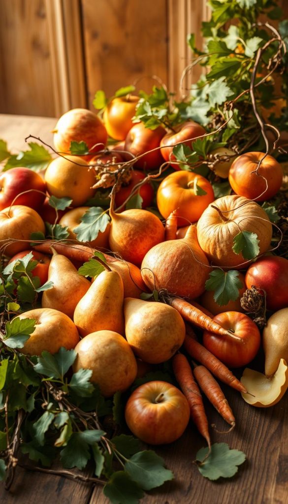 A lush autumn still life, overflowing with the seasonal bounty of orchard and garden. Plump pears, crisp apples, earthy carrots, and vibrant leafy greens spill across a rustic wooden surface, bathed in warm, golden light. Delicate tendrils of vines and branches curl around the composition, adding a sense of natural abundance. The scene exudes a cozy, inviting atmosphere, hinting at the comforts of the approaching winter. Soft shadows and muted tones evoke a timeless, organic aesthetic that would feel equally at home in a farmhouse kitchen or on a Pinterest-worthy tablescape.