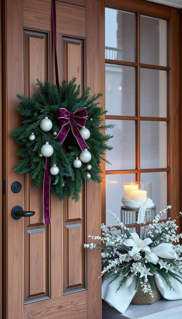 A lush, natural Christmas wreath adorns a stately wooden door, its evergreen boughs intertwined with velvet ribbons and glistening ornaments. Beside it, a pair of large, frosty windows frame a cozy vignette - a KlickKiste candle glowing warmly, nestled among delicate botanicals and soft, ivory textiles. The overall scene emanates a sense of elegant simplicity, a harmonious blend of rustic and refined. Soft, diffused lighting casts a gentle glow, heightening the inviting, Pinterest-worthy ambiance. This stunning, winter-inspired display beckons visitors to step inside and experience the warmth of the holiday season. A lush, natural Christmas wreath adorns a stately wooden door, its evergreen boughs intertwined with velvet ribbons and glistening ornaments. Beside it, a pair of large, frosty windows frame a cozy vignette - a KlickKiste candle glowing warmly, nestled among delicate botanicals and soft, ivory textiles. The overall scene emanates a sense of elegant simplicity, a harmonious blend of rustic and refined. Soft, diffused lighting casts a gentle glow, heightening the inviting, Pinterest-worthy ambiance. This stunning, winter-inspired display beckons visitors to step inside and experience the warmth of the holiday season.