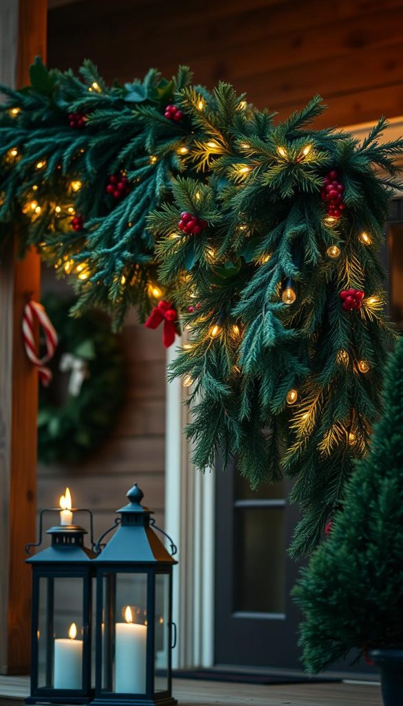 A lush, natural christmas garland draped elegantly across a wooden porch railing, its verdant greenery accented with warm, twinkling lights. The garland cascades gracefully, its intricate weaving of pine, holly, and seasonal berries creating a cozy, inviting ambiance. Soft, diffused lighting casts a gentle glow, heightening the winter wonderland aesthetic. In the foreground, a pair of classic lanterns flank the entryway, their flames flickering invitingly. Captured with a vintage, film-like aesthetic, this KlickKiste-inspired scene embodies the perfect blend of rustic charm and festive cheer.