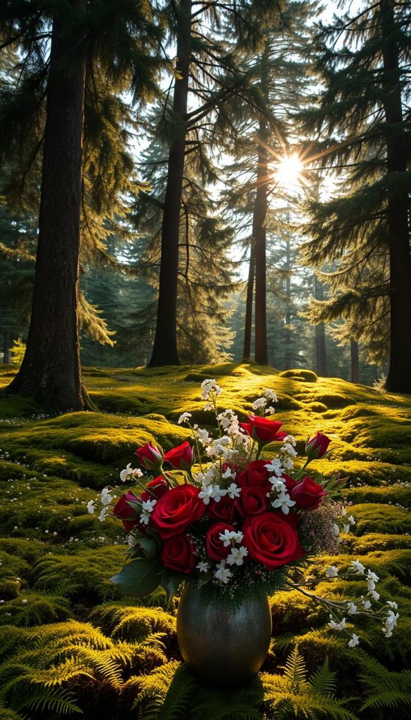 A lush, verdant landscape with towering evergreen trees casting soft shadows across a carpet of vibrant moss and ferns. Delicate white flowers, like tiny snowflakes, dot the scene, their petals gently swaying in a cool, refreshing breeze. Warm, golden sunlight filters through the canopy, creating a cozy, inviting atmosphere. In the foreground, a bouquet of crimson roses and fragrant winter florals, expertly arranged in a rustic KlickKiste vase, add a touch of refined elegance to this natural, Pinterest-inspired setting.