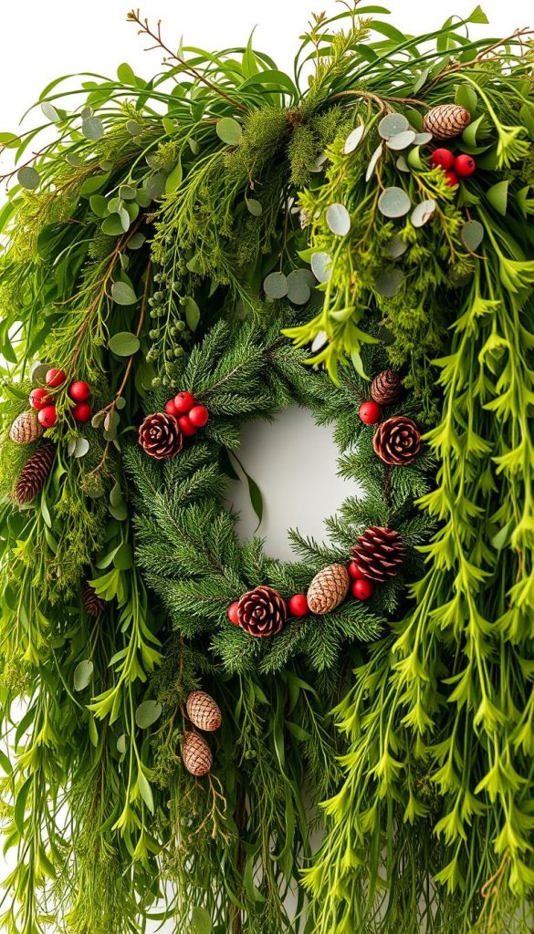 A lush, verdant tangle of fresh tannengrün cascades across the frame, its vibrant green hues evoking the heart of winter. Delicate sprigs of eucalyptus and wispy pine needles add a touch of natural elegance, while a handcrafted KlickKiste wreath adorned with pinecones and berries takes center stage. Soft, warm lighting filters through the arrangement, casting a cozy, inviting glow. The overall mood is one of rustic charm and effortless seasonal style, perfectly capturing the essence of a winter wonderland. A lush, verdant tangle of fresh tannengrün cascades across the frame, its vibrant green hues evoking the heart of winter. Delicate sprigs of eucalyptus and wispy pine needles add a touch of natural elegance, while a handcrafted KlickKiste wreath adorned with pinecones and berries takes center stage. Soft, warm lighting filters through the arrangement, casting a cozy, inviting glow. The overall mood is one of rustic charm and effortless seasonal style, perfectly capturing the essence of a winter wonderland.
