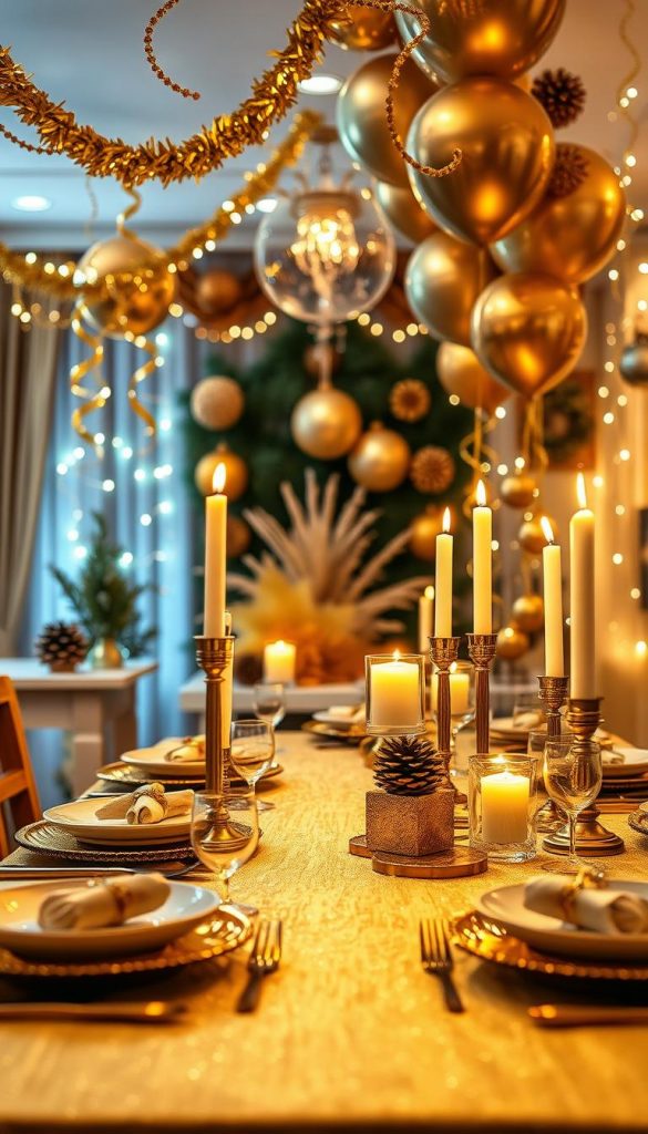A luxurious New Year's Eve party scene featuring a stunning gold color scheme. In the foreground, an elegantly set table adorned with golden tableware, shimmering glitter, and sophisticated candles casting a soft, warm glow. In the middle, vibrant decorations including golden streamers, balloons, and ornate centerpieces that reflect a glamorous atmosphere. The background showcases cozy, intimate lighting and winter-themed accents like frosted pinecones and twinkling fairy lights, enhancing the festive vibe. The composition is framed as if captured with a 50mm lens, creating a shallow depth of field that draws focus to the table. The mood is inviting and celebratory, perfectly encapsulating the essence of a glamorous New Year's Eve party. This image embodies the creative spirit of "KlickKiste" with an authentic DIY aesthetic, inspiring warmth and elegance.