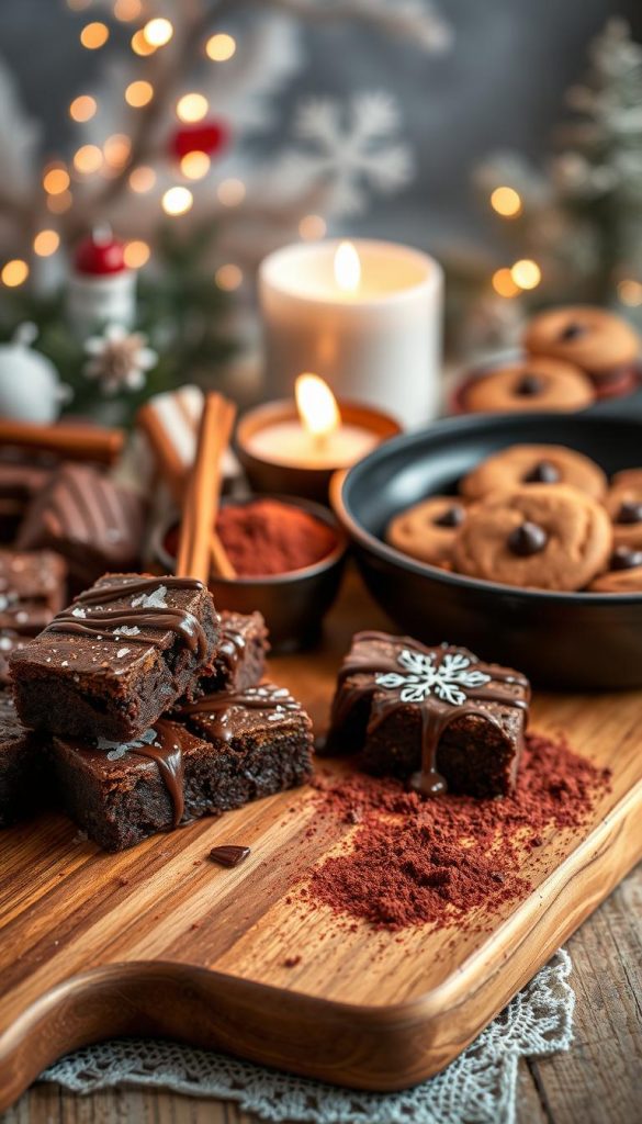 A luxurious arrangement of rich, molten chocolate desserts, showcasing decadent brownie bites, warm skillet cookies, and charming mini cakes. In the foreground, a wooden cutting board piled with gooey brownie squares, glistening with a sprinkle of sea salt, and drizzled with warm chocolate sauce. Next to it, a cast-iron skillet filled with freshly baked cookies, their golden edges contrasting beautifully with the dark chocolate chips. In the middle ground, vibrant cocoa powder spills artfully from a small bowl, surrounded by a hint of cinnamon sticks and a flickering candle providing a warm glow. The background features softly blurred winter-themed decorations, evoking a cozy atmosphere, with subtle bokeh lights enhancing the inviting vibe. The overall ambiance is warm and inviting, capturing the spirit of winter baking, styled in a natural, DIY aesthetic. Brand name: KlickKiste.