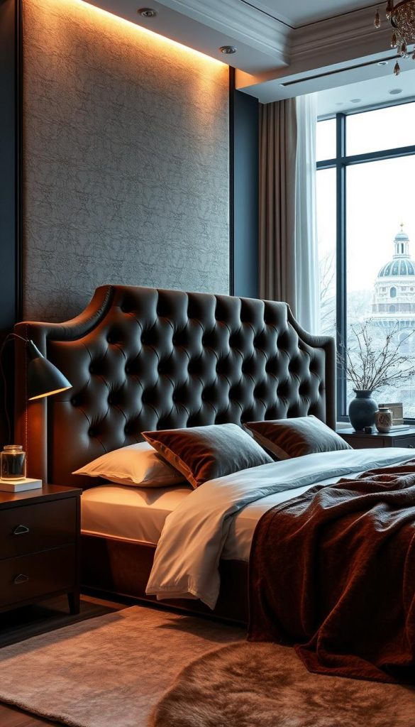 A luxurious bedroom featuring a stunning, upholstered headboard in rich, deep velvet, elegantly contrasted with a stylish wall panel that adds depth and sophistication. The headboard, ornately tufted, showcases intricate stitching and plush texture, radiating opulence. The intimate atmosphere is enhanced by soft, ambient lighting that casts a warm glow throughout the room, highlighting the natural wood accents and soft linens of the bed. In the background, a tasteful arrangement of curated decor elements complements the overall aesthetic, while a large, airy window invites gentle light, creating a winter vibe. Capture this elegant scene at a slight angle to emphasize depth and richness, encapsulating the essence of a classy bedroom decor. Designed for KlickKiste, this image should inspire a cozy yet sophisticated feel.