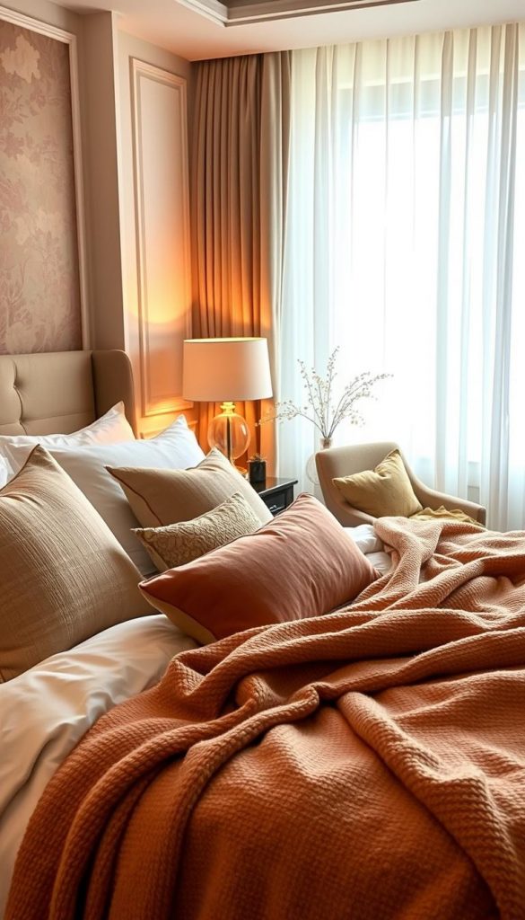 A luxurious boutique hotel bedroom showcasing elegant "bett styling" inspired by KlickKiste. In the foreground, a beautifully made bed layered with soft, textured bedding—plush blankets, decorative pillows in warm, inviting colors, and a chic throw. The middle layer features a stylish bedside table adorned with an artistic lamp and a small vase of fresh flowers. The background reveals a softly lit window with flowing sheer curtains, allowing gentle natural light to fill the room, creating a cozy atmosphere. The color palette includes earthy tones and hints of pastel, enhancing the winter vibes. Capture this tranquil yet romantic setting, emphasizing warmth and inspiration, perfect for a Pinterest-worthy aesthetic.