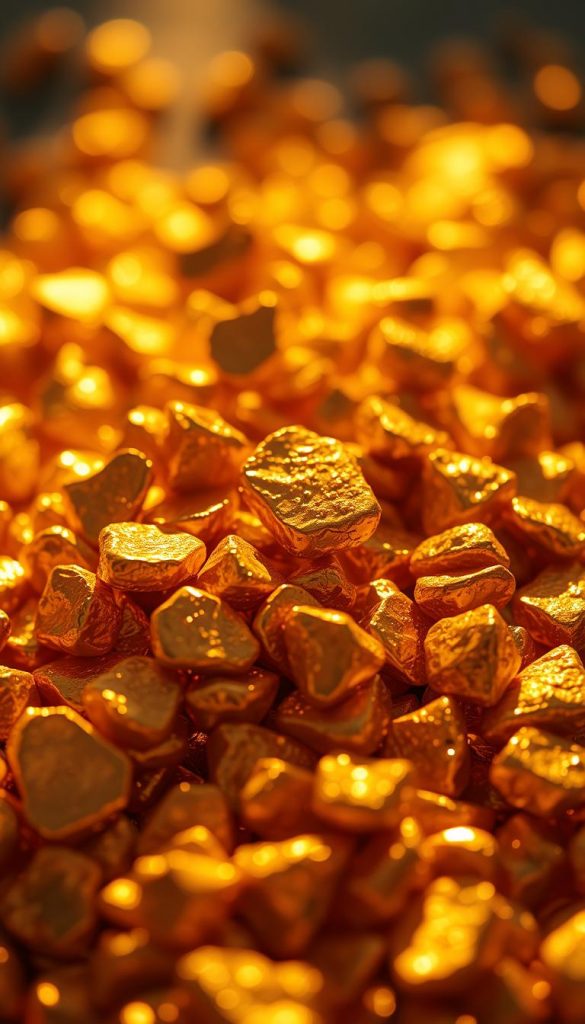 A luxurious close-up shot of a pile of shimmering golden nuggets, illuminated by warm, soft lighting that casts gentle shadows, creating a sense of depth and dimension. The gold gleams with a rich, lustrous shine, capturing the radiant essence of the precious metal. The image has a serene, winter-inspired ambiance with a touch of rustic charm, evoking a cozy, Pinterest-inspired aesthetic. The focus is on the mesmerizing, natural beauty of the gold, inviting the viewer to appreciate its alluring qualities.