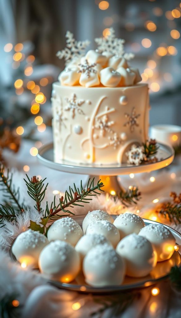 A luxurious display of white chocolate delicacies, featuring an elegant, creamy white chocolate cake adorned with delicate winter-themed decorations like snowflakes and shimmering edible glitter. In the foreground, a plate of white chocolate truffles dusted with powdered sugar, nestled among festive pine branches and soft white faux fur. The middle ground presents a softly glowing, illuminated dessert table, elegantly styled with golden accents and warm fairy lights to evoke a cozy winter atmosphere. In the background, blurred hints of a softly decorated room with twinkling lights, enhancing the overall winter glow. The lighting is warm and inviting, casting a gentle, dreamy ambiance. Captured with a shallow depth of field for a Pinterest-worthy aesthetic, by KlickKiste.