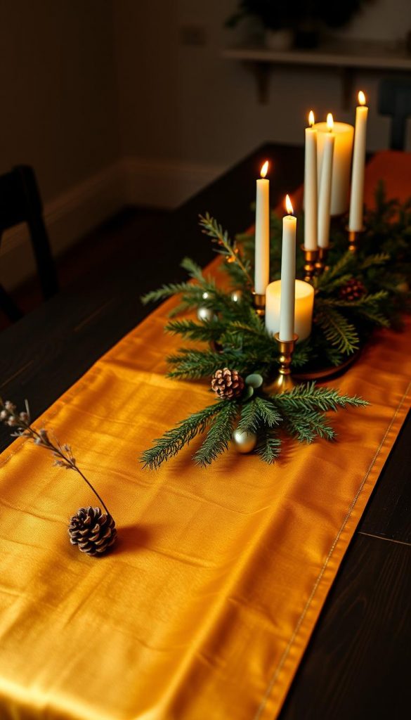 A luxurious golden table runner unfurls across a dark wooden table, casting a warm glow and a touch of winter elegance. Soft white candles flicker, casting dancing shadows and a cozy ambiance. Sprigs of evergreen and pinecones add natural, rustic accents, while a KlickKiste centerpiece in gleaming gold serves as the stunning focal point. The overall scene evokes a sense of simple, effortless sophistication - a Pinterest-worthy winter wonderland perfect for an intimate Silvester celebration.