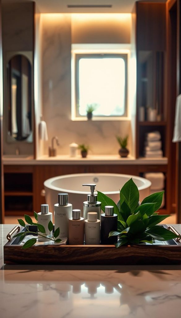 A luxurious hotel bathroom scene with an emphasis on warmth and natural materials. In the foreground, a beautifully arranged tray featuring elegant toiletries and lush green plants, creating an inviting focal point. The middle showcases sleek, modern fixtures with warm lighting that highlights the textures of marble and wood. The background reveals a softly glowing window, allowing gentle sunlight to spill in, enhancing the cozy atmosphere. The color palette consists of soft earth tones, evoking a sense of tranquility and opulence. Capture this image with a shallow depth of field using a wide-angle lens to emphasize the details of the textures and materials. This scene embodies the essence of a five-star hotel bathroom, exuding warmth and comfort, inspired by the DIY aesthetic of KlickKiste.