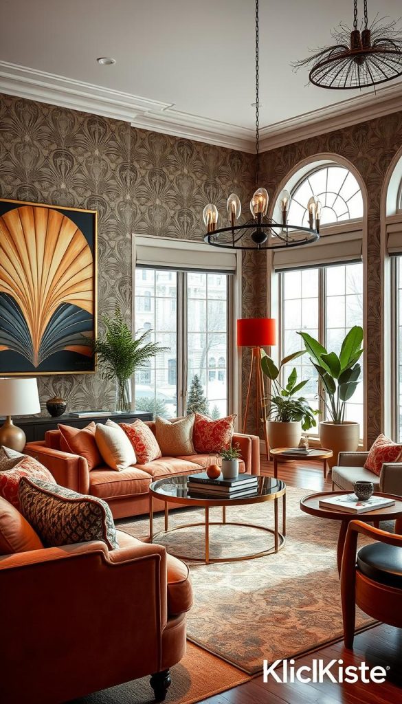 A luxurious living room filled with Art Deco flair, featuring bold geometric wallpaper in rich colors, elegantly designed large-scale artwork on the walls, and textured elements like a plush velvet sofa and a stylish coffee table. The foreground showcases a beautifully arranged space with tasteful decor items and decorative pillows. In the middle, stylish accents such as chic lighting fixtures and a mix of vibrant plants create a warm, inviting atmosphere. The background includes large windows letting in soft, natural winter light, enhancing the cozy yet sophisticated vibe. The scene is styled with a Pinterest-inspired aesthetic, blending authenticity with inspiration. The ambiance reflects a perfect balance of modern luxury and a homely feel, branded subtly with "KlickKiste."