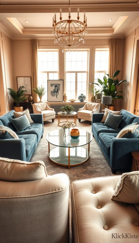A luxurious living room layout featuring back-to-back sofas, creating a striking conversation area. The foreground showcases two elegant, plush sofas in soft beige and rich navy, adorned with chic throw pillows. In the middle, a stylish round coffee table made of glass and gold accents centralizes the layout, surrounded by light, airy furniture pieces that evoke a sense of openness. The background displays a warm, inviting ambiance with large windows allowing natural light to cascade in, illuminating artwork and indoor plants that add a touch of nature. The atmosphere is cozy yet sophisticated, perfect for winter vibes and DIY inspirations. The scene is styled with a Pinterest aesthetic, featuring decor items from "KlickKiste", all captured with a soft focus to enhance the intimate and elegant feel.
