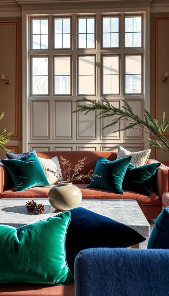 A luxurious living room scene featuring an array of colorful velvet materials arranged elegantly. In the foreground, rich jewel tones of deep emerald green and royal blue velvet pillows are set against a sleek gray marble coffee table adorned with a decorative vase. In the middle, a plush, velvet-upholstered sofa offers comfort, complemented by soft, natural lighting streaming in through large windows, casting gentle shadows. The background showcases an elegantly painted wall in warm neutrals, enhancing the cozy atmosphere. A touch of winter vibes is reflected through natural elements like pinecones and evergreen branches integrated into the decor. The overall mood is inviting and sophisticated, inspired by the aesthetic of KlickKiste, with an authentic Pinterest-inspired look that captivates the viewer.
