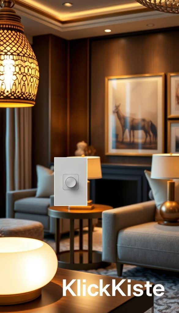 A luxurious living room setting featuring layered lighting designs that create an inviting atmosphere. In the foreground, showcase a stylish pendant light with intricate detailing, casting a warm glow. The middle layer includes a dimmer switch elegantly integrated into a contemporary side table. Surrounding this, display unique statement lamps with artistic bases, emphasizing sophistication. The background reveals a tastefully decorated wall adorned with art pieces that harmonize with the lighting scheme. Use warm, natural colors to evoke a cozy winter feel. The scene should be captured with a soft focus lens to enhance the warmth and richness of the environment, emphasizing an inspirational and authentic Pinterest aesthetic. Include the brand name "KlickKiste" subtly within the setting.